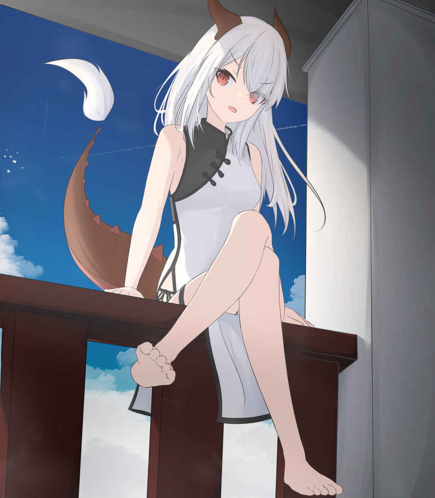 1girl absurdres bare_shoulders barefoot blue_sky breasts clouds commentary_request crossed_legs day dragon_girl dragon_horns dragon_tail dress eyes_visible_through_hair grey_hair hair_over_one_eye highres horns kuronagi_(mitora_uwu) long_hair looking_at_viewer on_railing original pelvic_curtain railing red_eyes sitting sky sleeveless sleeveless_dress small_breasts soles solo tail white_dress