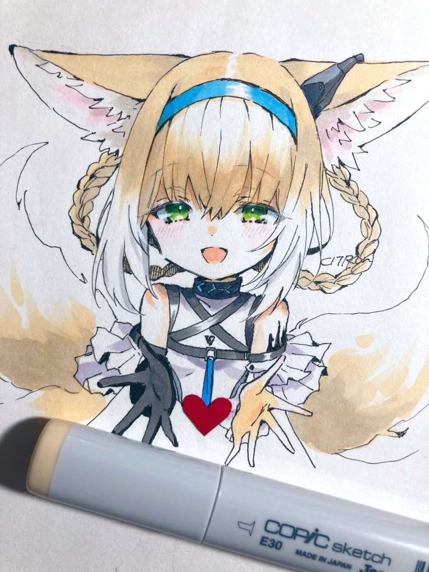 1girl animal_ears arknights art_tools_in_frame bare_shoulders black_gloves blonde_hair blue_hairband blush braid braided_hair_rings citron80citron colored_tips cropped_torso fox_ears fox_girl fox_tail gloves green_eyes hairband heart highres infection_monitor_(arknights) kitsune looking_at_viewer multicolored_hair multiple_tails open_mouth oripathy_lesion_(arknights) short_hair single_glove solo suzuran_(arknights) tail traditional_media twin_braids two-tone_hair white_hair