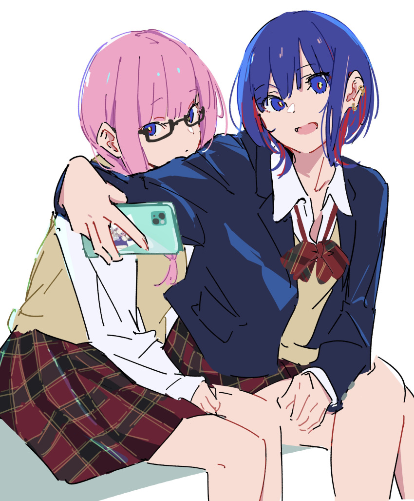 2girls absurdres atenaba blue_eyes blue_hair blue_jacket bow bowtie brown_sweater_vest closed_mouth crossed_legs ear_piercing earrings feet_out_of_frame glasses highres jacket jewelry kaf_(kamitsubaki_studio) kamitsubaki_studio long_hair long_sleeves looking_at_viewer medium_hair multicolored_hair multiple_girls open_mouth piercing pink_hair plaid plaid_bow plaid_bowtie plaid_skirt pleated_skirt red_bow red_bowtie red_skirt redhead rim_(kamitsubaki_studio) semi-rimless_eyewear shirt simple_background sitting skirt smile streaked_hair sweater_vest under-rim_eyewear white_background white_shirt yellow_pupils