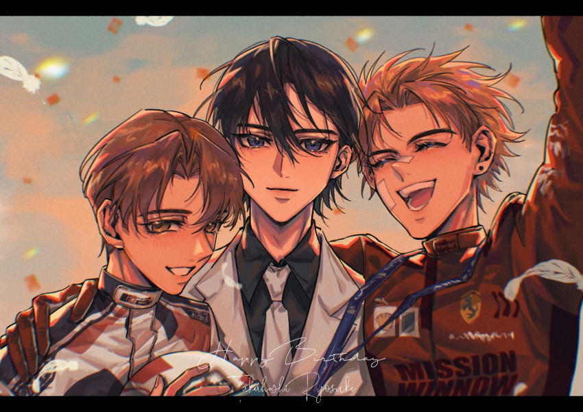 3boys ^_^ arm_around_shoulder black_hair blonde_hair blue_eyes brothers brown_eyes brown_hair closed_eyes clouds collared_shirt confetti ferrari fujiwara_takumi hair_behind_ear hair_between_eyes hand_on_another's_shoulder helmet holding holding_helmet initial_d jumpsuit lanyard letterboxed looking_at_viewer male_focus multiple_boys open_mouth parted_lips racing_suit red_jumpsuit shell_(company) shirt siblings sky smile takahashi_keisuke takahashi_ryousuke unworn_headwear unworn_helmet white_jumpsuit yejian_feixing