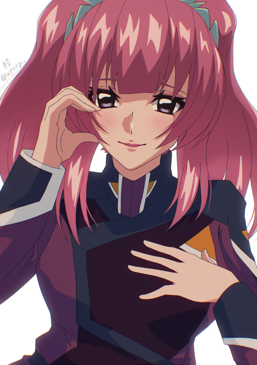 1girl absurdres agnes_giebenrath blush breasts gundam gundam_seed gundam_seed_freedom hair_ornament hand_on_own_chest heart heart_hands highres lipstick long_hair looking_at_viewer makeup military military_uniform pink_hair smile solo twintails uniform violet_eyes wprrg