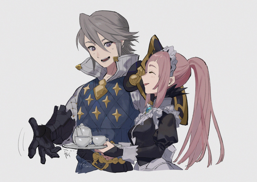 1boy 1girl absurdres armor black_dress black_gloves cup dress felicia_(fire_emblem) fire_emblem fire_emblem_fates gambeson gloves grey_hair hair_between_eyes highres holding holding_tray laslow_(fire_emblem) long_sleeves looking_at_another maid maid_headdress open_mouth pink_hair ponytail runteya shoulder_armor signature sweat teacup teapot teeth tray upper_body violet_eyes