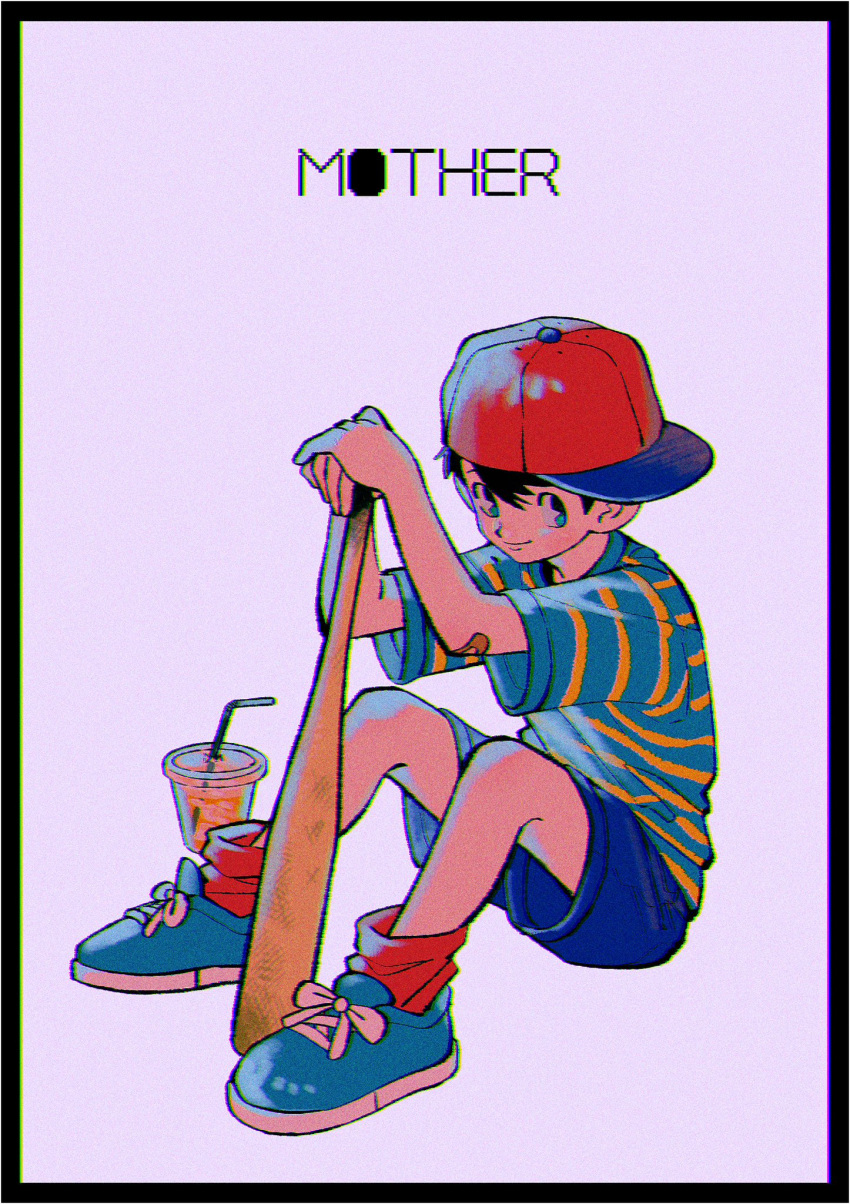 1boy bandaid bandaid_on_arm baseball_bat baseball_cap black_border black_hair blue_eyes blue_footwear blue_shorts border closed_mouth cup disposable_cup drinking_straw full_body hair_between_eyes hat highres holding holding_baseball_bat kwsby_124 male_focus mother_(game) mother_1 ninten red_headwear red_socks shirt shoes short_sleeves shorts sideways_hat simple_background sitting socks solo striped_clothes striped_shirt