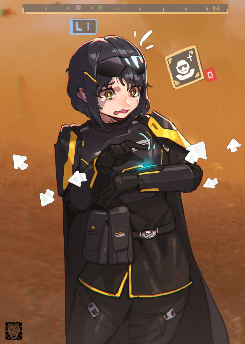 1girl absurdres armor arrow_(symbol) black_cape black_gloves black_hair black_jacket black_pants cape cowboy_shot eyewear_on_head flying_sweatdrops gameplay_mechanics gloves hair_ornament hairclip heads-up_display helldiver_(helldivers) helldivers_(series) highres jacket korean_commentary mar10 open_mouth pants pouch scar scar_on_cheek scar_on_face short_hair solo tearing_up thigh_strap user_interface wavy_mouth yellow_eyes