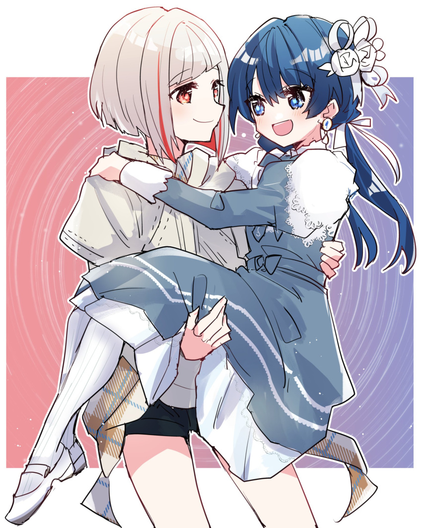 2girls :d black_shorts blue_dress blue_eyes blue_hair blush border carrying colored_inner_hair diagonal_bangs double-parted_bangs dress earrings eye_contact flower gradient_background hair_flower hair_ornament hand_on_another's_back hand_on_another's_shoulder highres hood hood_down hoodie jewelry kanduki_kamibukuro link!_like!_love_live! long_hair long_sleeves looking_at_another love_live! mary_janes mole mole_on_neck multicolored_background multicolored_hair multiple_girls murano_sayaka official_alternate_costume open_mouth outside_border plaid plaid_shirt princess_carry red_eyes redhead shirt shoes short_hair shorts smile socks streaked_hair teeth twintails two-tone_dress two-tone_hair upper_teeth_only white_border white_hair white_hoodie white_socks yugiri_tsuzuri yuri