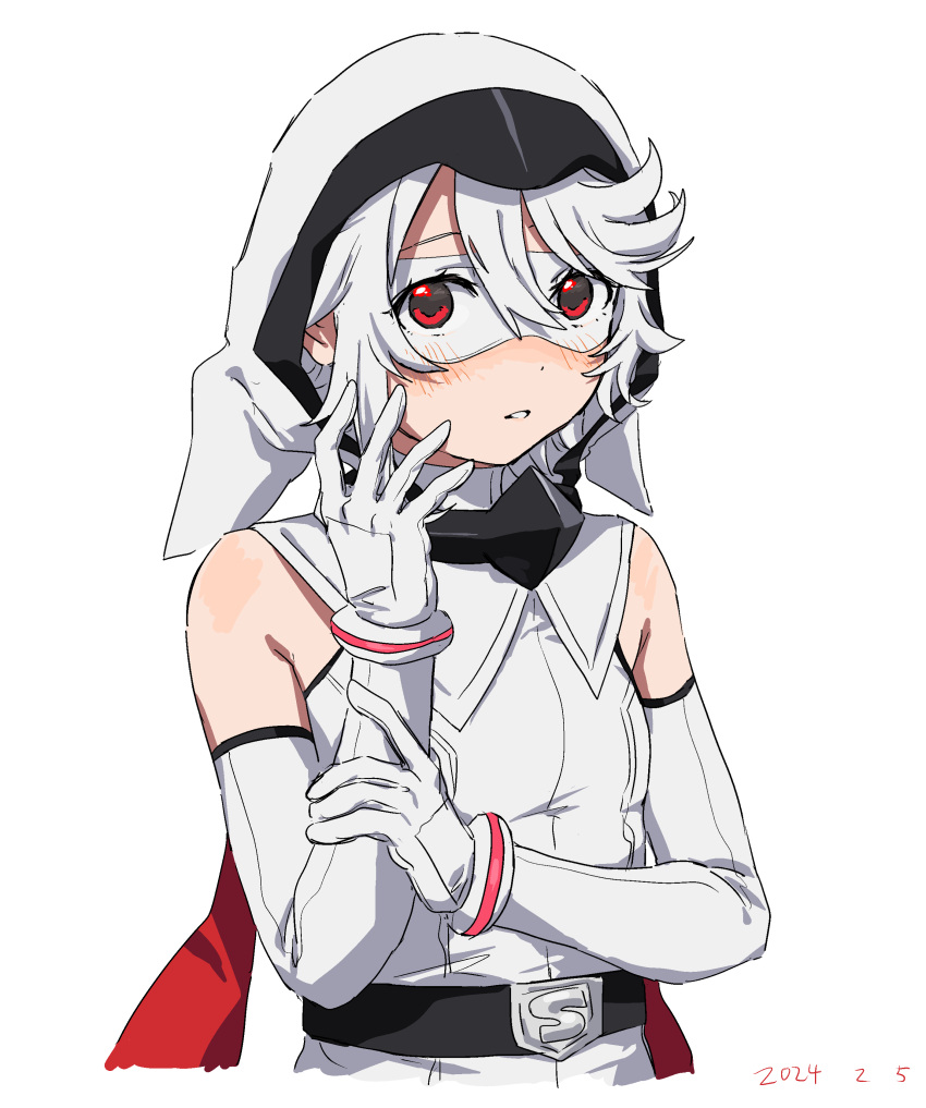 1girl absurdres bare_shoulders belt black_belt blush cropped_torso dated elbow_gloves eye_mask gloves grey_gloves grey_hair hair_between_eyes highres hood hood_up hooded_leotard red_eyes shy_(character) shy_(series) solo takatisakana teeth upper_body