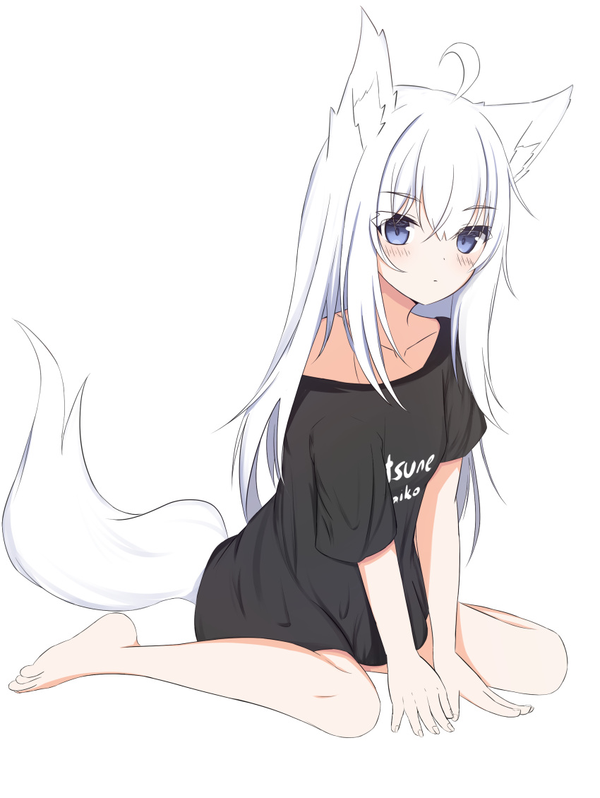 1girl absurdres ahoge animal_ear_fluff animal_ears bare_shoulders barefoot between_legs black_shirt blue_eyes blush closed_mouth clothes_writing collarbone commentary_request fox_ears fox_girl fox_tail full_body hair_between_eyes hand_between_legs highres kuronagi_(mitora_uwu) long_hair looking_at_viewer off_shoulder original shirt simple_background sitting solo tail very_long_hair wariza white_background white_hair