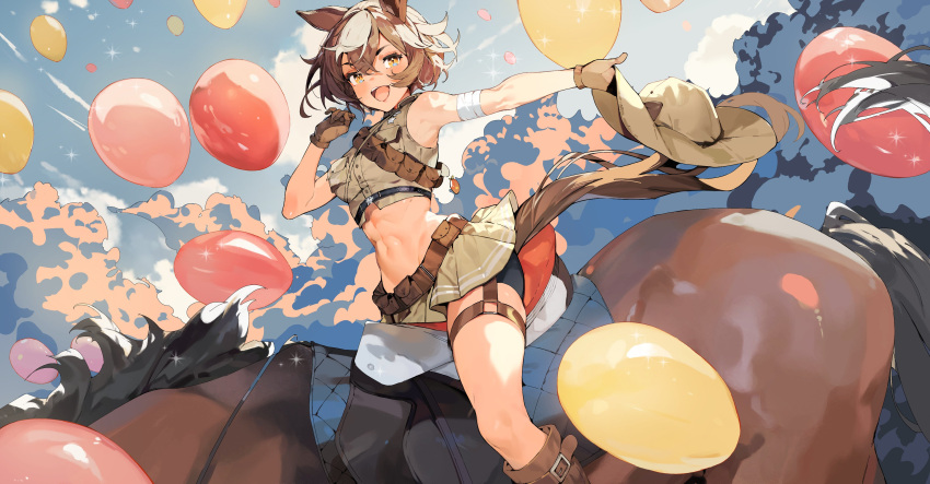 1girl absurdres animal animal_ears ayumeyatto balloon bike_shorts brown_eyes brown_gloves brown_hair brown_shirt brown_skirt commission crop_top gloves highres horse horse_ears horse_girl horse_tail horseback_riding indie_virtual_youtuber long_hair multicolored_hair open_mouth riding shirt skirt sleeveless sleeveless_shirt smile tail tomoe_umari virtual_youtuber white_hair