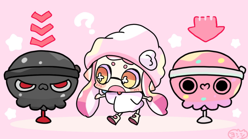 1girl ? arrow_(symbol) beanie bright_pupils chibi commentary hat inkling inkling_girl inkling_player_character long_hair open_mouth pink_background pink_hair pink_headwear solo splatoon_(series) splatoon_3 splatoon_3:_side_order super_chump_(splatoon) symbol-only_commentary tentacle_hair white_pupils yellow_eyes yoshishi_(yosisitoho)