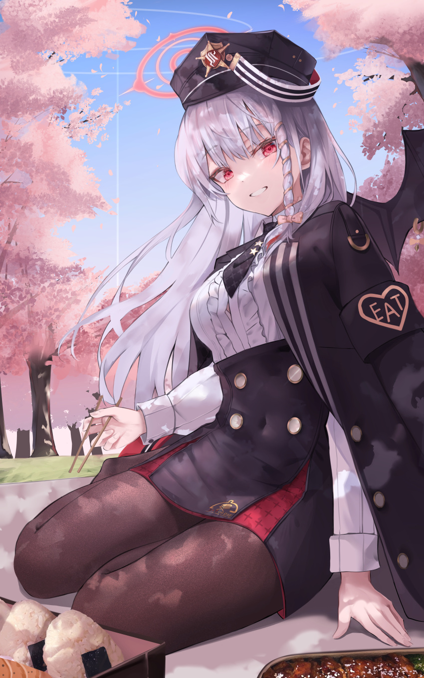 1girl absurdres bento black_headwear black_necktie black_pantyhose black_skirt black_wings blue_archive braid breasts cherry_blossoms chopsticks covered_navel dappled_sunlight demon_wings grey_hair halo hanami haruna_(blue_archive) high-waist_skirt highres holding holding_chopsticks jacket long_hair long_sleeves looking_at_viewer necktie pantyhose red_eyes seiza shirt sion_(im10042m) sitting skirt smile solo sunlight tail wings