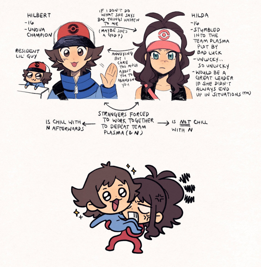 1boy 1girl :d anger_vein antenna_hair arrow_(symbol) baseball_cap black_vest blue_jacket brown_eyes brown_hair carrying chibi clenched_teeth closed_mouth commentary english_text green_eyes hand_up hat high_collar highres hilbert_(pokemon) hilda_(pokemon) jacket long_sleeves looking_at_viewer multiple_views open_mouth poke_ball_print pokemon pokemon_bw red_headwear shirt sidelocks smile sparkle strap submashell teeth vest white_headwear white_shirt zipper_pull_tab