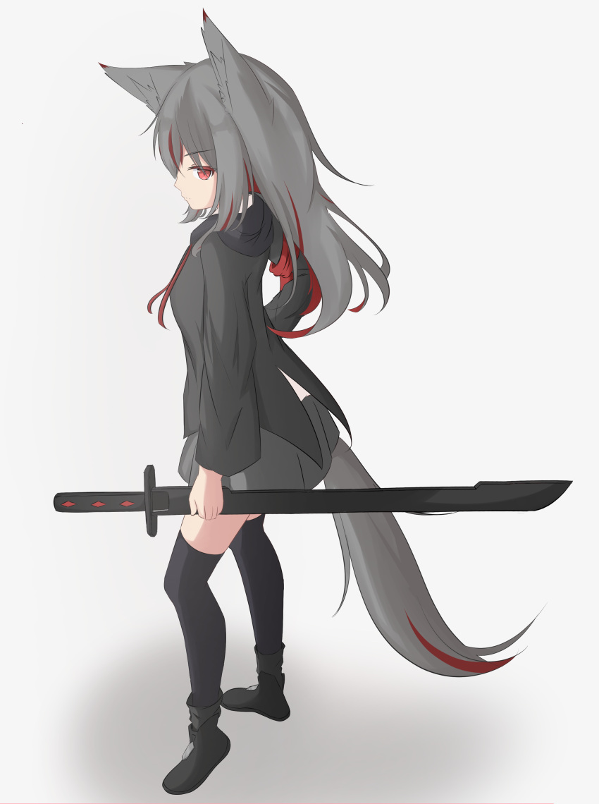 1girl absurdres animal_ear_fluff animal_ears black_footwear black_hoodie black_thighhighs boots breasts closed_mouth commentary_request drawstring fox_ears fox_girl fox_tail from_side full_body grey_background grey_hair grey_skirt highres holding holding_sheath hood hood_down hoodie katana kuronagi_(mitora_uwu) long_hair multicolored_hair original pleated_skirt profile red_eyes redhead shadow sheath sheathed simple_background skirt small_breasts solo standing streaked_hair sword tail thigh-highs thighhighs_under_boots v-shaped_eyebrows weapon