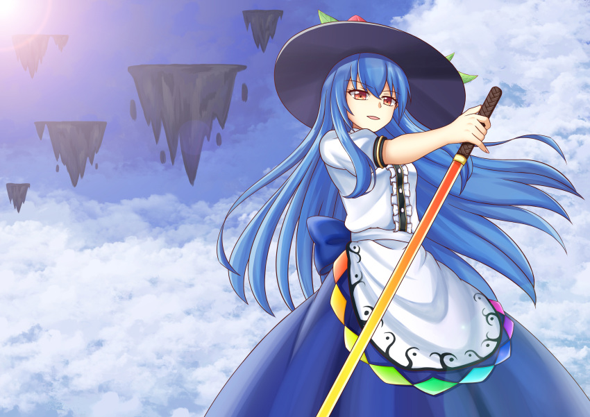 1girl absurdres black_headwear blue_bow blue_hair blue_skirt blue_sky bow clouds cloudy_sky commentary day floating food fruit fruit_hat_ornament hat highres hinanawi_tenshi holding holding_sword holding_weapon leaf leaf_hat_ornament lens_flare long_hair looking_at_viewer open_mouth outdoors peach peach_hat_ornament piaoluo_de_ying_huaban puffy_short_sleeves puffy_sleeves rainbow_gradient rainbow_order rock scenery shirt short_sleeves skirt sky solo sun sword sword_of_hisou touhou very_long_hair waist_bow weapon white_shirt