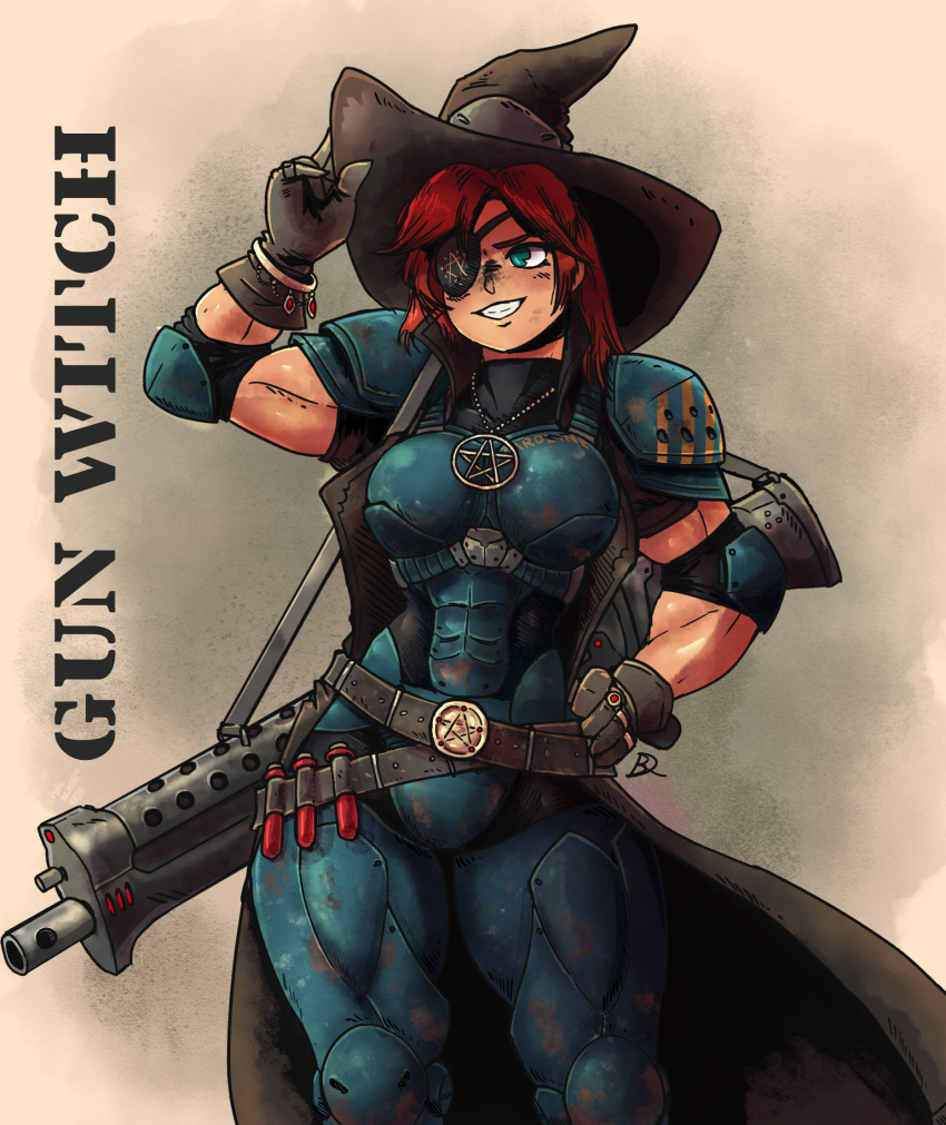 adjusting_clothes adjusting_headwear armor assault_rifle elbow_pads eyepatch gloves green_eyes gun hat highres jewelry kabewski long_hair muscular muscular_female necklace original pauldrons pentagram redhead rifle shoulder_armor signature skirt smile teeth vial weapon witch witch_hat