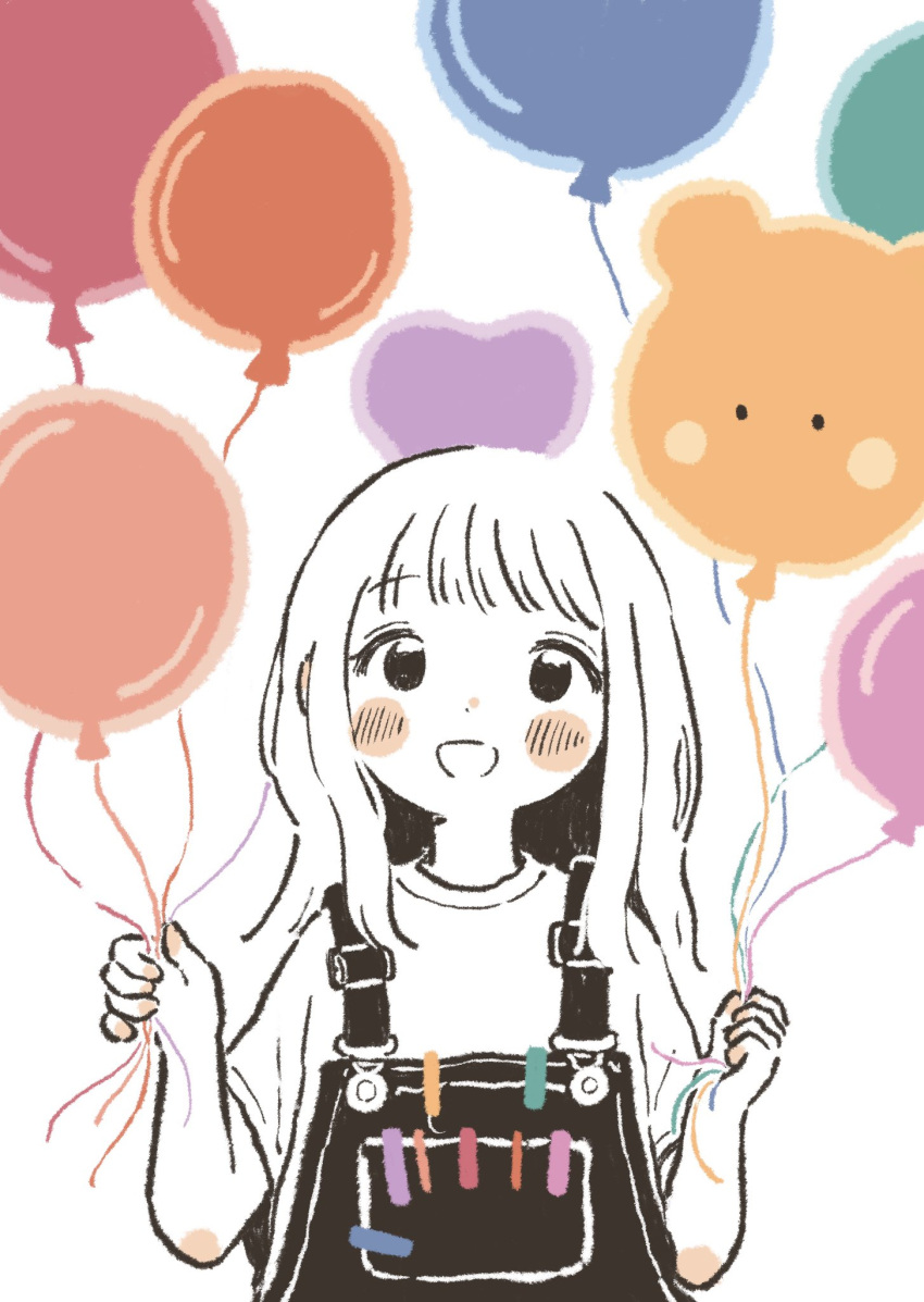 1girl :d balloon black_eyes black_overalls blush_stickers dot_nose grin highres holding holding_balloon humi_natsu long_hair looking_at_viewer open_mouth original overalls shirt short_sleeves sidelocks simple_background smile solo straight-on teeth upper_body white_background white_hair white_shirt