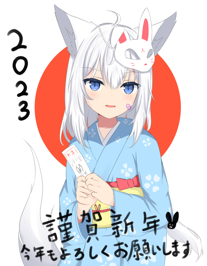 1girl 2023 absurdres animal_ears bandaid bandaid_on_cheek bandaid_on_face blue_kimono chinese_zodiac commentary_request floral_print fox_ears fox_girl fox_tail highres holding japanese_clothes kimono kuronagi_(mitora_uwu) long_hair long_sleeves looking_at_viewer mask mask_on_head obi omikuji original own_hands_together print_kimono rabbit_mask red_background sash smile solo tail translation_request two-tone_background white_background white_hair wide_sleeves year_of_the_rabbit