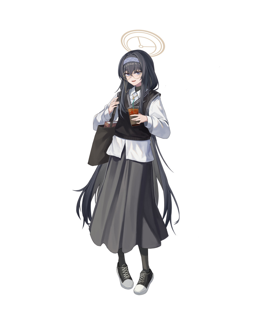 1girl absurdres alternate_costume bag black_bag black_footwear black_hair black_pantyhose black_skirt black_vest blue_archive blue_eyes blue_headband book commentary cup drinking_straw eyewear_strap full_body hair_between_eyes halo headband highres holding holding_cup iced_coffee jewelry jw_(wrdawrda) long_skirt looking_at_viewer necklace open_mouth pantyhose round_eyewear satchel shirt shoes simple_background skirt sneakers solo ui_(blue_archive) vest white_background white_shirt