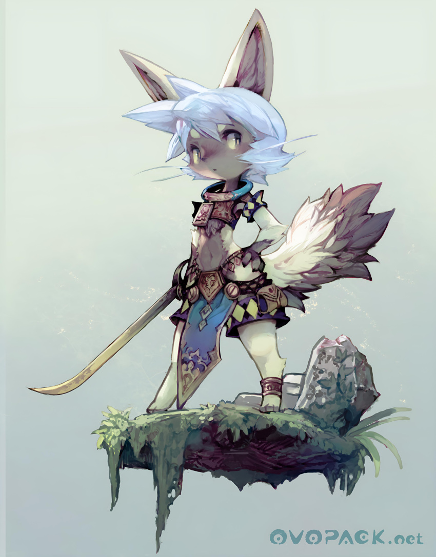 1other absurdres androgynous animal_ears animal_hands animal_nose anklet armor artist_name blue_hair body_fur breastplate cat chest_tuft claws commentary_request crop_top furry furry_female grass grey_fur hand_on_own_hip highres holding holding_sword holding_weapon jewelry light_blue_hair midriff murayama_ryota navel original rock short_hair shorts simple_background solo_focus sword weapon whiskers white_fur