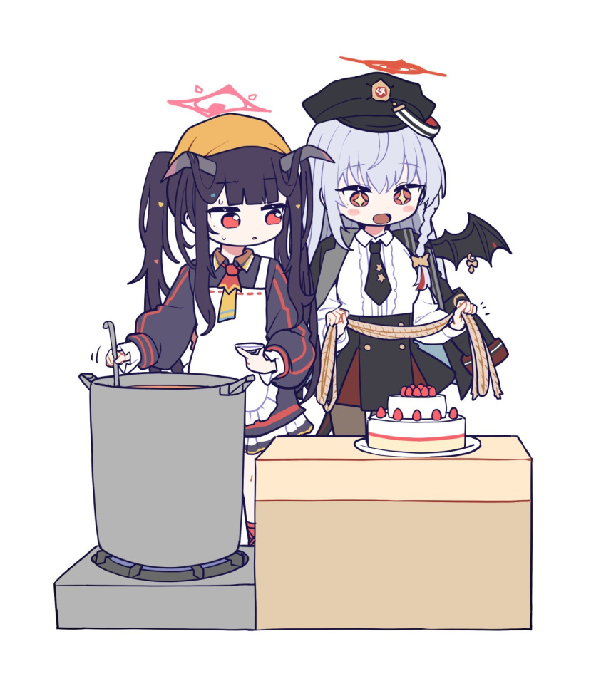 +_+ 2girls :d apron black_hair black_headwear black_jacket black_necktie black_pantyhose black_skirt blue_archive braided_sidelock buttons cake center_frills chibi collared_shirt cooking_pot demon_wings double-breasted food frilled_shirt frills fruit fuuka_(blue_archive) grey_hair halo haruna_(blue_archive) hat highres holding holding_ladle holding_rope horns jacket jacket_on_shoulders ladle long_sleeves morotake multiple_girls necktie open_clothes open_jacket open_mouth pantyhose peaked_cap red_eyes rope shirt sidelocks sideways_glance simple_background skirt smile straight_hair strawberry striped_clothes striped_jacket twintails white_apron white_background wings yellow_headwear