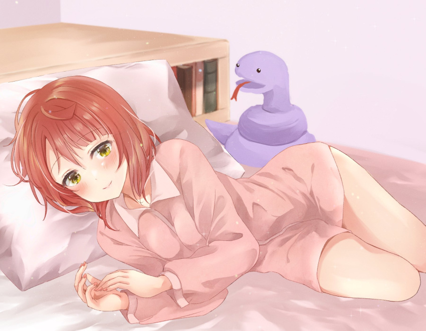 1girl airmilk310 bed blunt_bangs blush closed_mouth commentary_request highres indoors long_sleeves looking_at_viewer love_live! love_live!_nijigasaki_high_school_idol_club lying on_bed on_side pillow pink_hair pink_shirt sasuke_(love_live!) shirt short_hair smile solo uehara_ayumu upper_body yellow_eyes