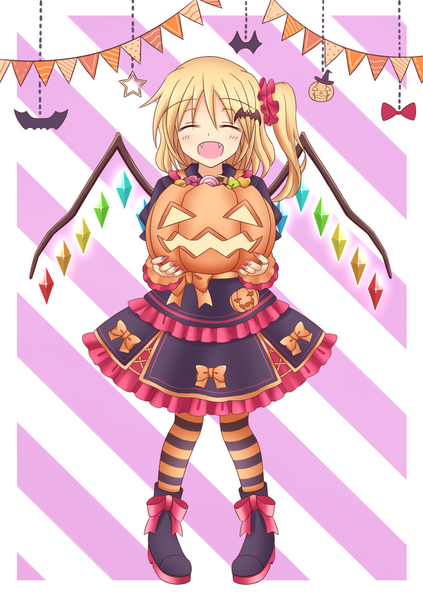 1girl absurdres alternate_costume bat_(animal) bat_hair_ornament blonde_hair blush bow candy chinese_commentary closed_eyes clothing_request commentary_request crystal flandre_scarlet food footwear_bow hair_ornament halloween halloween_costume hat highres holding holding_food holding_pumpkin holding_vegetable jack-o'-lantern long_sleeves multicolored_wings no_headwear one_side_up open_mouth orange_bow piaoluo_de_ying_huaban pumpkin red_bow red_nails side_ponytail smile solo star_(symbol) striped_background striped_clothes striped_thighhighs thigh-highs touhou vegetable wings witch_hat