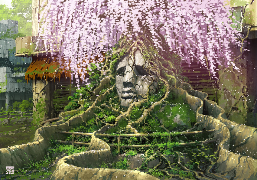 abandoned awning cherry_blossoms commentary_request day dilapidated flower highres moai moss no_humans original outdoors overgrown pink_flower post-apocalypse railing roots ruins scenery tokyogenso tree