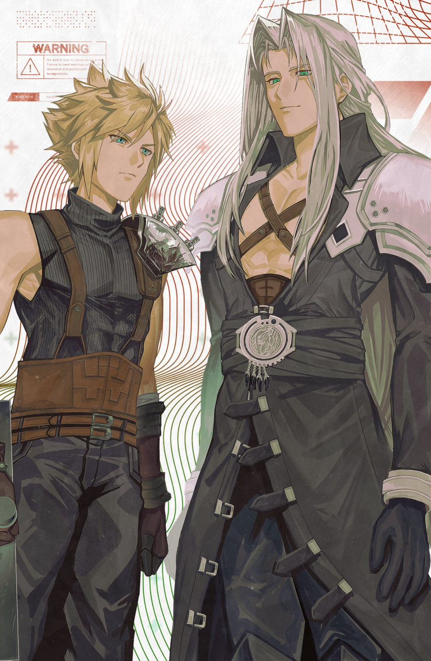 2boys abstract_background absurdres armor belt black_belt black_coat black_gloves black_pants black_sweater blonde_hair blue_eyes boots buster_sword chest_strap clenched_hand cloud_strife coat english_text final_fantasy final_fantasy_vii final_fantasy_vii_remake glaring gloves green_eyes grey_hair high_collar highres holding holding_sword holding_weapon keiseki1 knee_boots light_smile long_bangs long_hair looking_at_another male_focus multiple_belts multiple_boys muscular muscular_male open_clothes open_coat pants parted_bangs pauldrons sephiroth serious short_hair shoulder_armor single_pauldron sleeveless sleeveless_sweater sleeveless_turtleneck slit_pupils spiky_hair standing suspenders sweater sword turtleneck turtleneck_sweater upper_body weapon