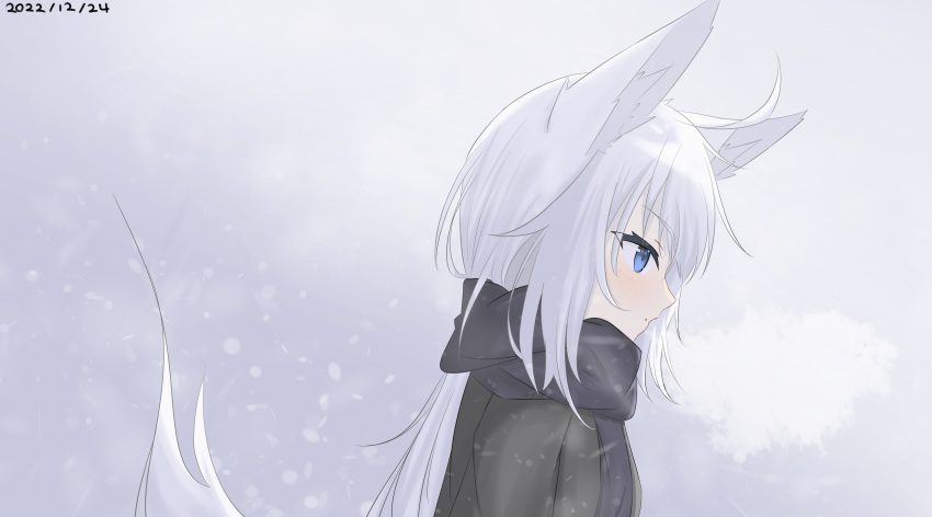 1girl absurdres animal_ear_fluff animal_ears black_jacket black_scarf blue_eyes commentary_request dated day fox_ears fox_girl fox_tail from_side highres jacket kuronagi_(mitora_uwu) long_hair original outdoors parted_lips profile scarf snowing solo tail upper_body white_hair