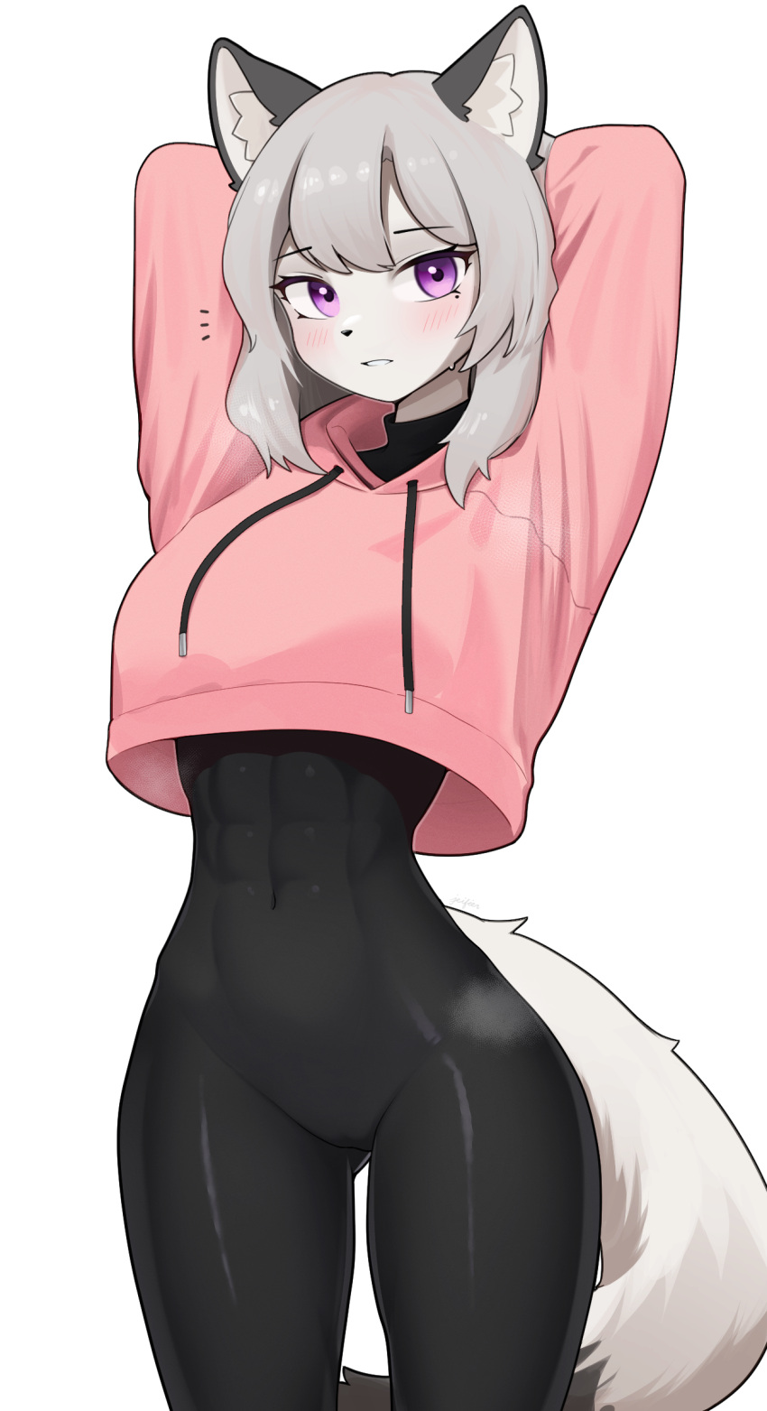 1girl abs animal_ear_fluff animal_ears animal_nose arms_up blush colored_skin eyelashes grey_hair grey_skin highres jeifier_(korfiorano01) looking_at_viewer navel open_mouth original pink_hood pink_shirt shirt simple_background snout solo tail teeth thighs upper_teeth_only violet_eyes