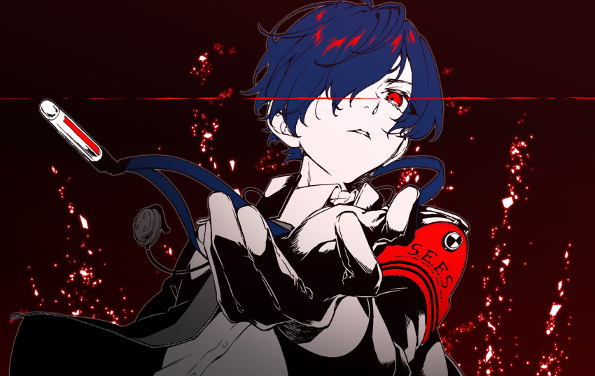 1boy armband blue_hair collared_shirt digital_media_player english_commentary gloves hair_over_one_eye highres long_sleeves looking_at_viewer male_focus parted_lips persona persona_3 persona_3_reload red_armband red_eyes shirt simple_background solo twfm upper_body yuuki_makoto_(persona_3)