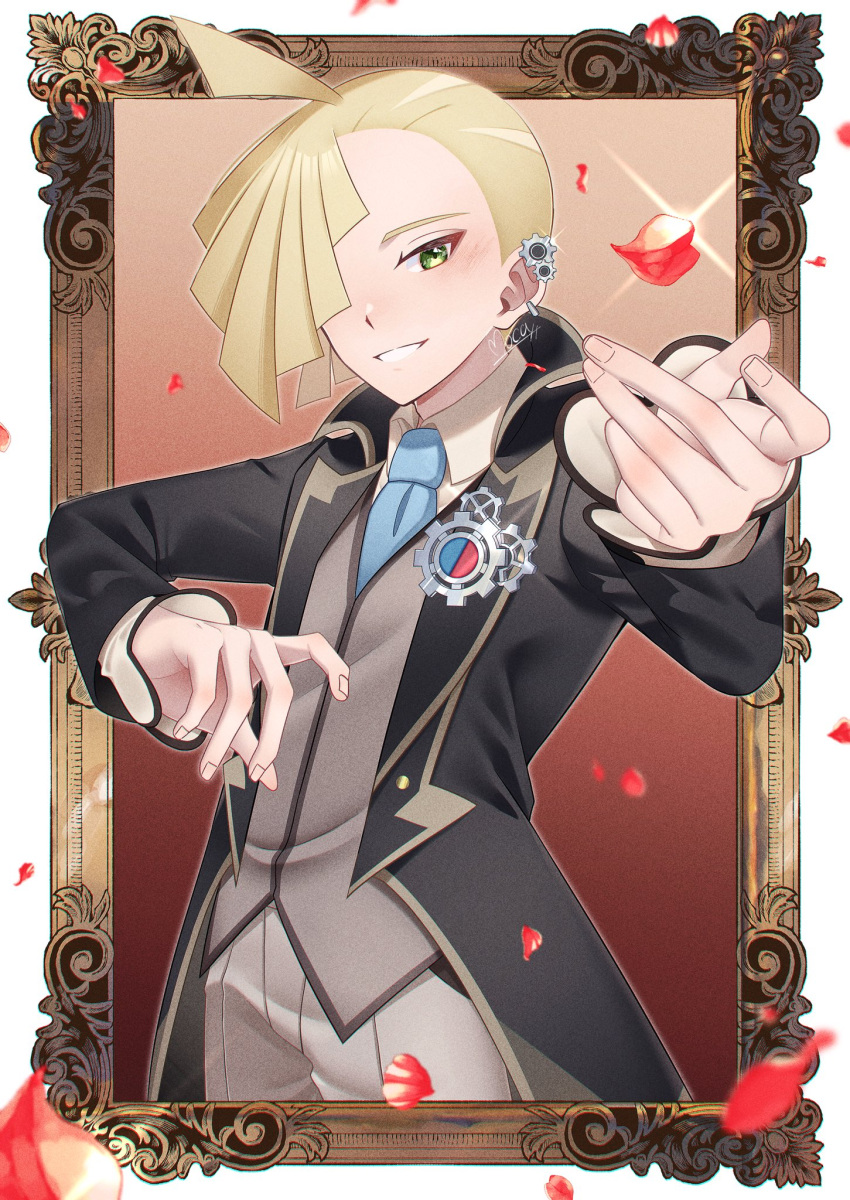 1boy ahoge blonde_hair blush coat collared_shirt commentary_request ear_ornament falling_petals gladion_(pokemon) gladion_(sygna_suit)_(pokemon) green_eyes grin highres long_sleeves male_focus mocacoffee_1001 necktie official_alternate_costume open_clothes open_coat pants petals pokemon pokemon_masters_ex shirt short_hair smile solo teeth vest