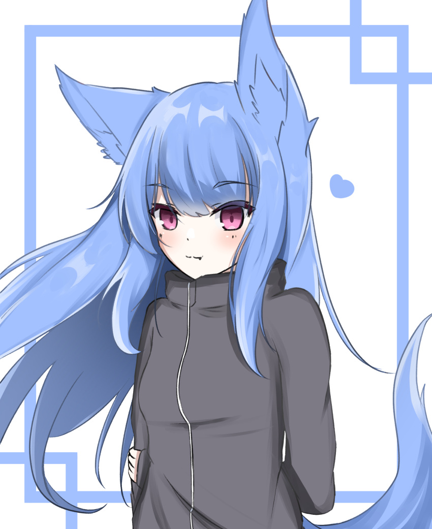 1girl absurdres animal_ear_fluff animal_ears arm_behind_back arm_grab black_jacket blue_background blue_hair blush breasts closed_mouth commentary_request fang fang_out floating_hair fox_ears fox_girl fox_tail heart highres jacket kuronagi_(mitora_uwu) long_hair looking_at_viewer original small_breasts smile solo tail track_jacket two-tone_background upper_body very_long_hair violet_eyes white_background