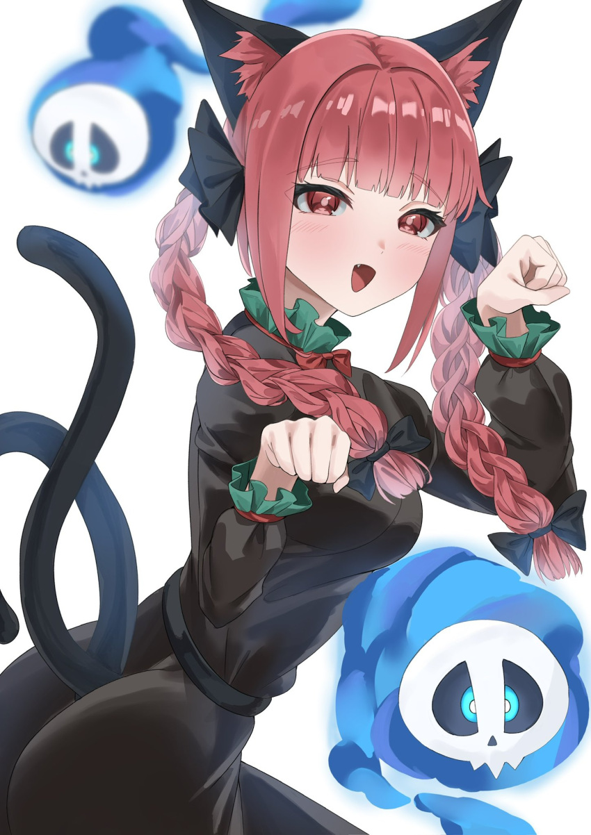 1girl :d animal_ear_fluff animal_ears ass belt black_belt blunt_bangs blush bow braid cat_ears cat_girl cat_tail cowboy_shot fang hair_bow hands_up highres hitodama kaenbyou_rin looking_ahead medium_hair multiple_tails nekomata open_mouth ramiki red_eyes redhead sidelocks simple_background smile solo tail tongue touhou twin_braids two_tails white_background