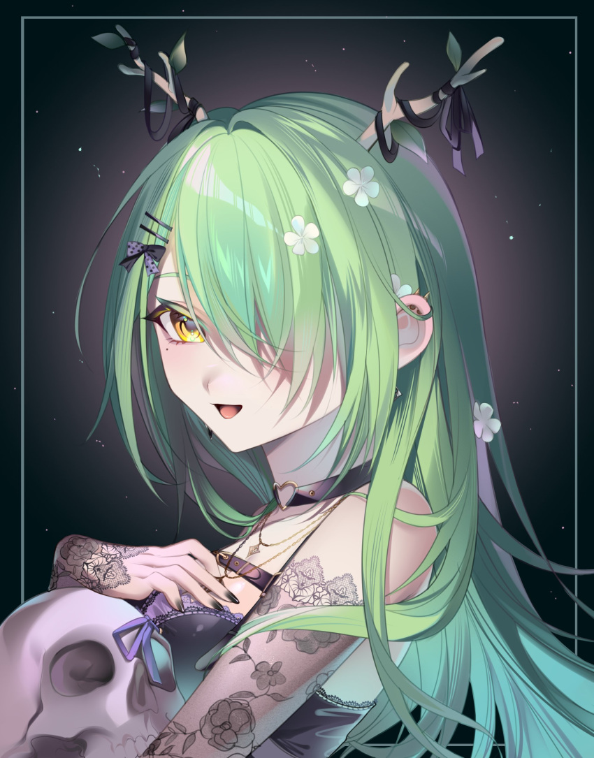 1girl absurdres antlers black_choker black_dress black_nails ceres_fauna ceres_fauna_(4th_costume) choker detached_sleeves dress erisunyaan flower green_hair hair_flower hair_ornament hair_over_one_eye hairpin hand_on_own_chest heart heart_choker highres hololive hololive_english horns long_hair looking_at_viewer nail_polish open_mouth see-through see-through_sleeves skull sleeveless sleeveless_dress smile solo very_long_hair virtual_youtuber yellow_eyes