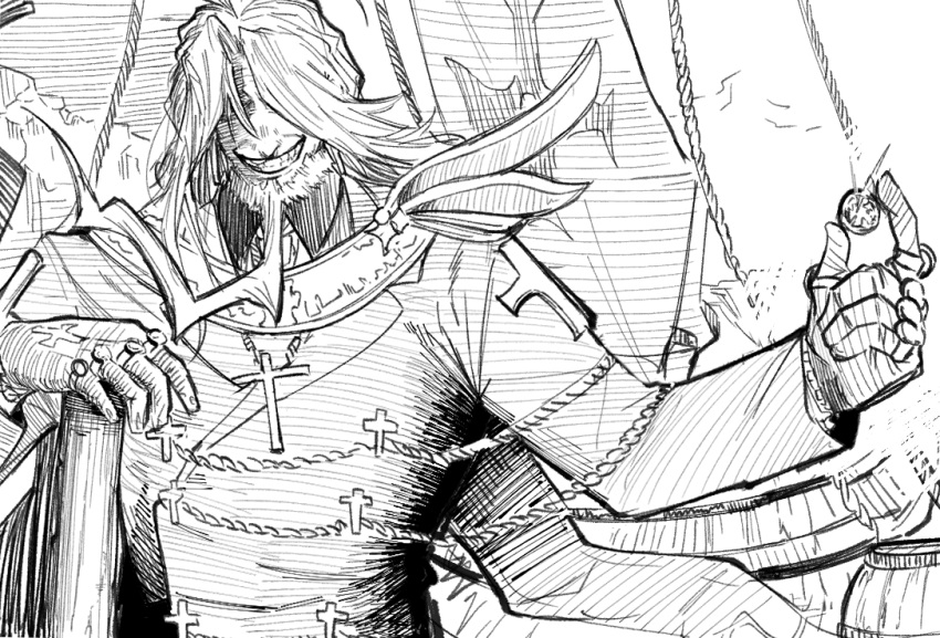 1boy ahoge beard character_request check_character christopher_columbus_(fate) coat coin cross_print evil_grin evil_smile facial_hair fate/grand_order fate_(series) full_beard greyscale grin hair_over_eyes hatching_(texture) holding holding_coin itaru_(kidomh63) long_beard long_hair male_focus mature_male monochrome old old_man pirate prehensile_facial_hair priest ship smile solo thick_beard thick_eyebrows upper_body watercraft