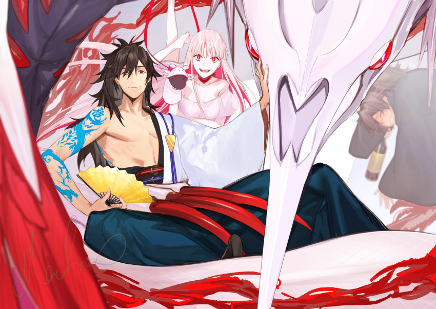 1girl 2boys alcohol arm_tattoo black_eyes black_hair blush breasts collarbone dragon dragon_girl drunk fate/grand_order fate_(series) folding_fan hand_fan hand_puppet highres long_hair multicolored_hair multiple_boys okada_izou_(fate) open_mouth oryou_(lancer)_(fate) puppet red_eyes redhead sakamoto_ryouma_(fate) sakamoto_ryouma_(lancer)_(fate) smile tattoo ziege113