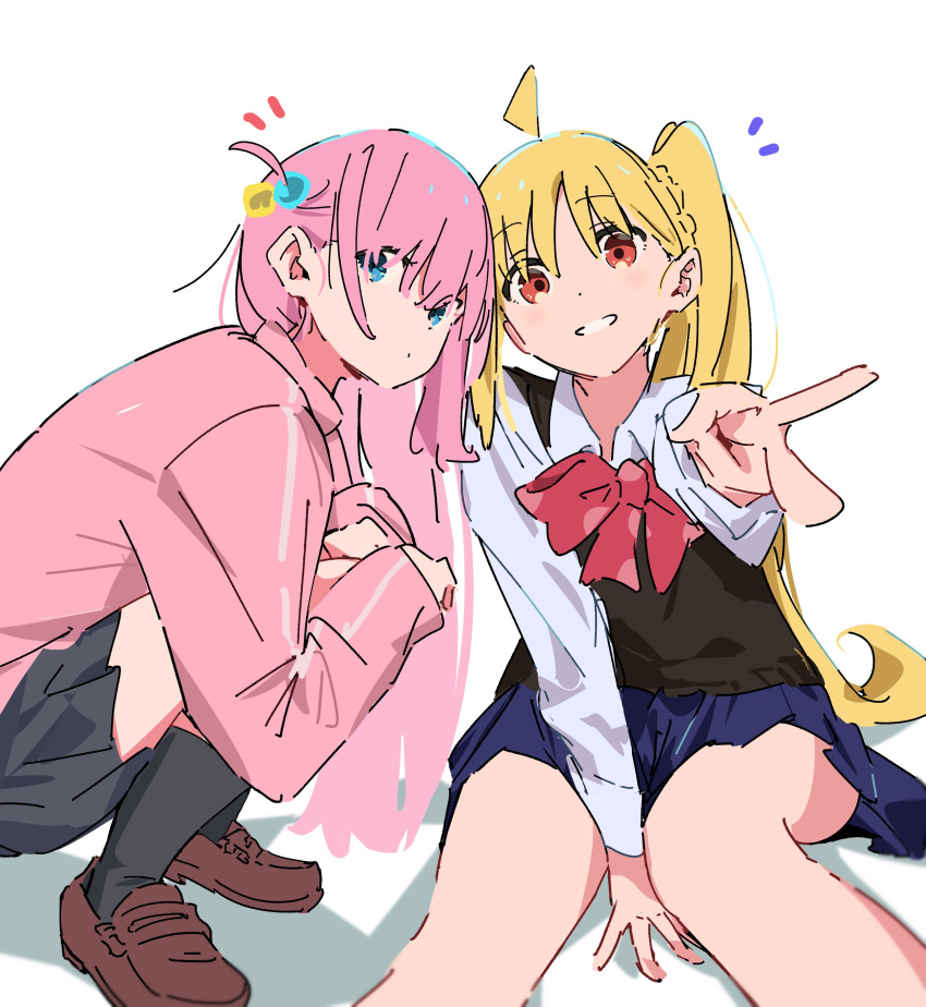 2girls absurdres ahoge atenaba between_legs blonde_hair blue_eyes bocchi_the_rock! commentary cube_hair_ornament gotoh_hitori grin hair_ornament hand_between_legs hashtag_only_commentary highres ijichi_nijika jacket long_hair looking_at_viewer multiple_girls pink_hair pink_jacket pink_track_suit red_eyes school_uniform side_ahoge side_ponytail sitting smile squatting track_jacket v