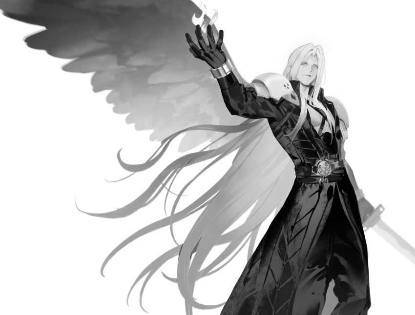1boy arm_up belt black_belt black_coat black_gloves black_pants black_wings blue_eyes chest_strap coat commentary feathered_wings final_fantasy final_fantasy_vii final_fantasy_vii_remake fire gloves hand_up highres holding holding_sword holding_weapon katana light_smile long_coat long_hair male_focus masamune_(ff7) monochrome multiple_belts pants pyrokinesis sephiroth simple_background single_wing slit_pupils solo spot_color sword symbol-only_commentary very_long_hair weapon white_background wings xianyu314