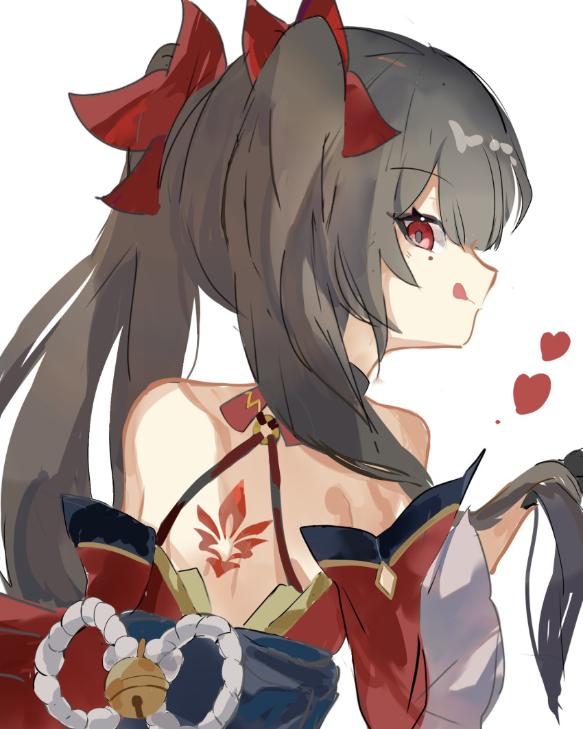 1girl :q akizuwa backless_dress backless_outfit bare_shoulders bow brown_hair closed_mouth detached_sleeves dress from_behind hair_bow highres honkai:_star_rail honkai_(series) long_hair looking_at_viewer looking_back obi profile red_bow red_dress red_eyes red_sleeves sash short_sleeves sidelocks simple_background sleeveless sleeveless_dress smile solo sparkle_(honkai:_star_rail) tongue tongue_out twintails white_background