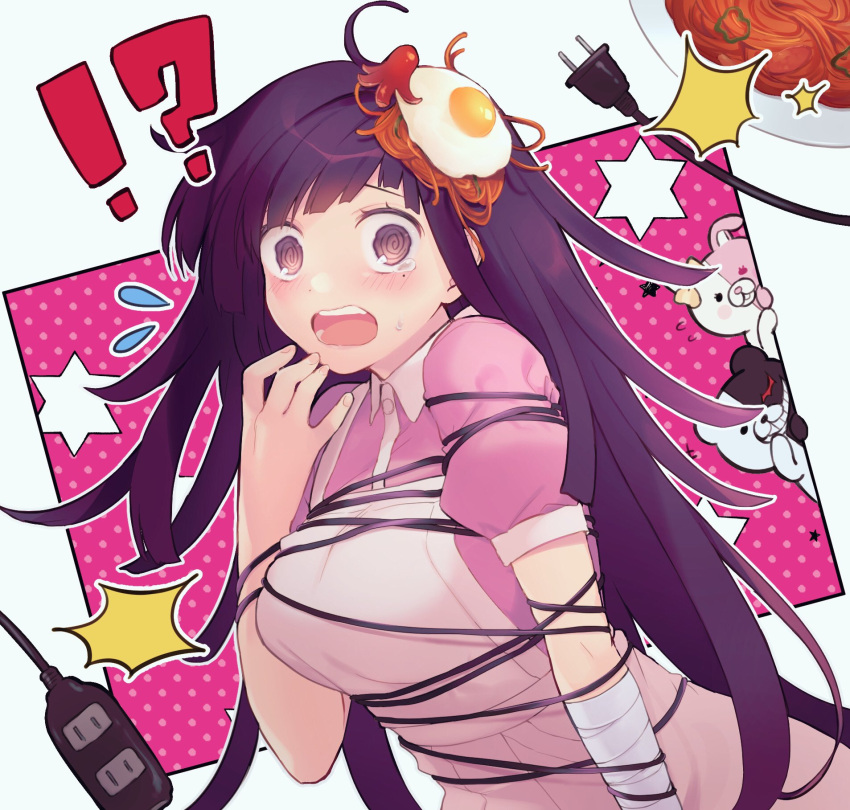 !? 1girl @_@ ^^^ apron arm_at_side bandaged_arm bandages black_hair blunt_bangs blunt_ends blush breasts brown_eyes cable commentary danganronpa_(series) danganronpa_2:_goodbye_despair eyelashes fingernails flying_sweatdrops food food_on_head fried_egg grin hand_up highres large_breasts long_hair looking_at_viewer mole mole_under_eye monokuma monomi_(danganronpa) nurse object_on_head okazaki_milte open_mouth panicking pasta peeking_out pink_background pink_shirt polka_dot polka_dot_background puffy_short_sleeves puffy_sleeves shirt short_sleeves simple_background smile solo spaghetti star_(symbol) sweatdrop teeth tsumiki_mikan two-tone_background upper_body very_long_hair white_apron white_background wide-eyed