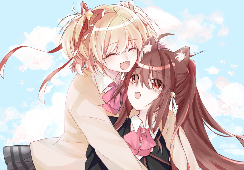 2girls :3 :d ^_^ ahoge animal_ear_fluff animal_ears bell black_jacket blonde_hair blue_sky bow brown_hair cat_ears closed_eyes collared_shirt commentary day eyelashes eyes_visible_through_hair facing_another friends hair_bell hair_between_eyes hair_ornament hair_ribbon happy highres hug hug_from_behind jacket jingle_bell kamikita_komari little_busters! little_busters!_school_uniform long_hair long_ribbon looking_at_another multiple_girls natsume_rin open_mouth outdoors pink_bow ponytail red_eyes red_ribbon ribbon school_uniform shirt short_hair sidelocks sky smile star_(symbol) star_hair_ornament sweater tree99120 two_side_up upper_body white_ribbon white_shirt yellow_sweater
