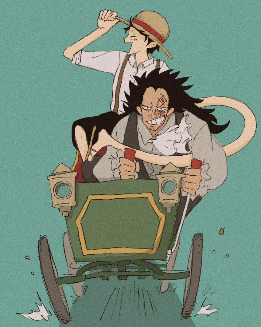 &gt;:) 2boys adjusting_clothes adjusting_headwear aqua_background ascot black_hair black_shorts black_vest closed_eyes driving facial_tattoo father_and_son frilled_sleeves frills grey_shirt hat highres long_hair minecart monkey_d._dragon monkey_d._luffy multiple_boys one_piece open_mouth scar scar_on_cheek scar_on_face shirt shorts sleeves_rolled_up straw_hat stretched_limb suspenders tattoo teeth v-shaped_eyebrows vest white_ascot white_shirt widow's_peak