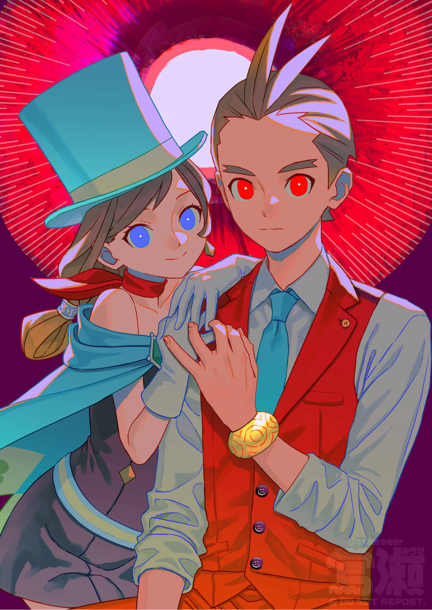 1boy 1girl ace_attorney antenna_hair apollo_justice badge bare_shoulders belt black_dress blue_belt blue_cape blue_eyes blue_headwear blue_necktie brooch brother_and_sister button_badge buttons cape collared_shirt commentary cowboy_shot diamond_brooch diamond_button diamond_earrings dress earrings expressionless forked_eyebrows gloves gold_bracelet green_brooch hands_on_another's_shoulder hat highres jewelry light_brown_hair light_smile long_hair looking_at_viewer low-tied_long_hair necktie ouse_(otussger) purple_background red_eyes red_scarf red_vest scarf shirt short_hair siblings sitting sleeves_rolled_up strapless strapless_dress swept_bangs top_hat trucy_wright vest white_gloves white_shirt