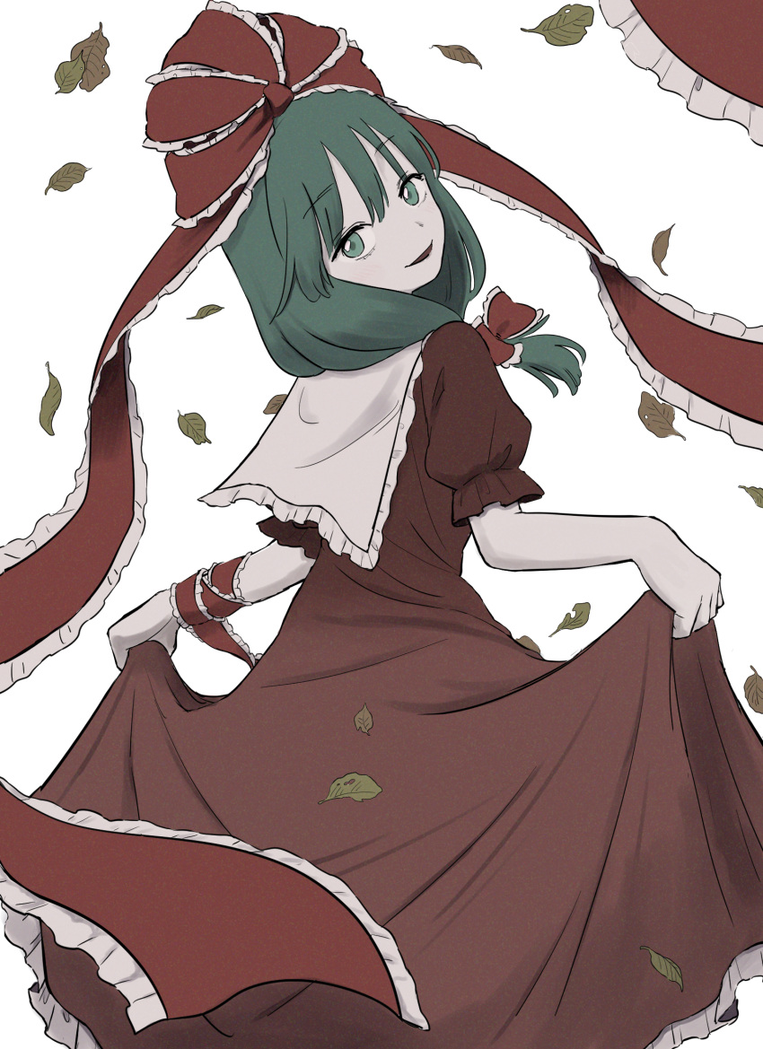 bow dress frilled_bow frilled_dress frilled_ribbon frills front_ponytail green_eyes green_hair hair_bow hair_ribbon highres i_am_hoshiume kagiyama_hina leaf lifted_by_self looking_at_viewer looking_back open_mouth red_bow red_dress red_ribbon ribbon simple_background smile touhou white_background