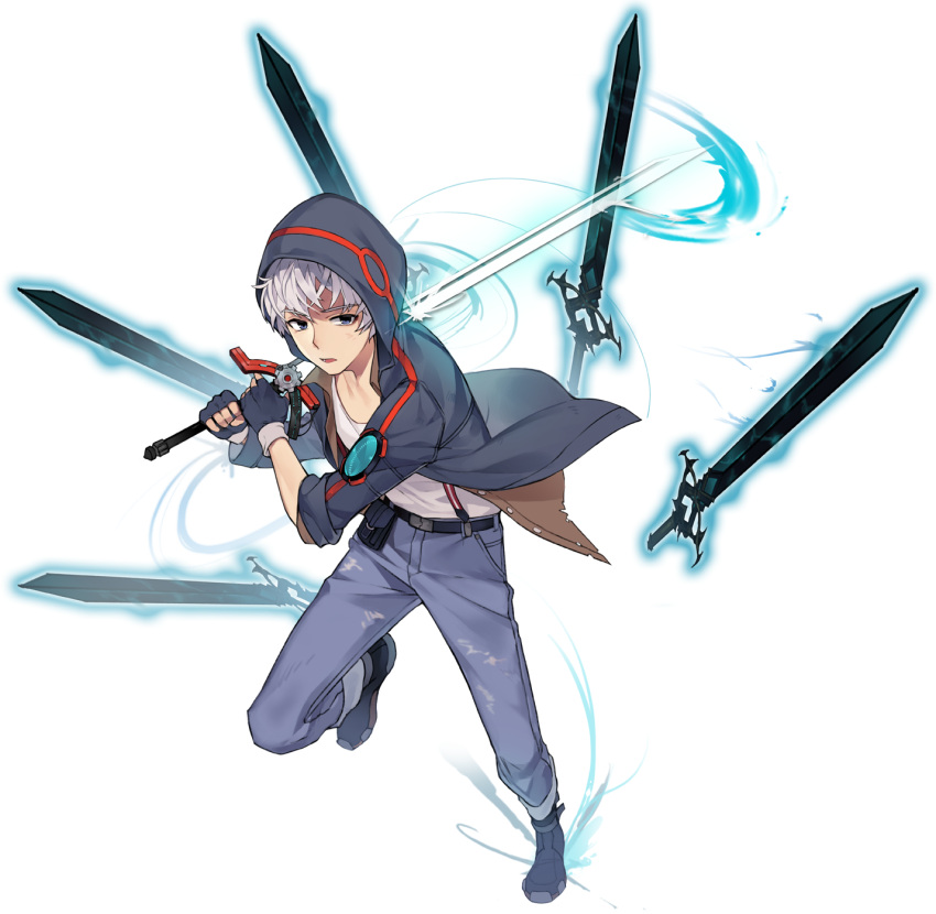 1boy azar_(chrono_ark) belt chrono_ark collared_shirt denim fighting_stance grey_eyes hen-tie highres holding holding_sword holding_weapon hood hood_up hoodie jacket jeans looking_at_viewer non-web_source pants pants_rolled_up shirt shoes short_hair sleeves_rolled_up sneakers suspenders sword transparent_background unbuttoned unbuttoned_shirt undershirt weapon white_hair