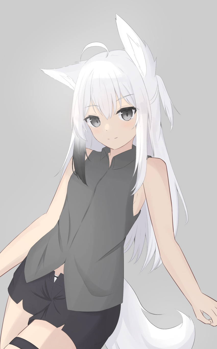 1girl absurdres ahoge animal_ear_fluff animal_ears bare_arms bare_shoulders black_shorts breasts closed_mouth collared_shirt commentary_request dress_shirt fox_ears fox_girl fox_tail grey_background grey_eyes grey_hair grey_shirt hair_between_eyes highres kuronagi_(mitora_uwu) long_hair looking_at_viewer one_side_up original shirt shorts simple_background sleeveless sleeveless_shirt small_breasts smile solo tail thigh_strap very_long_hair