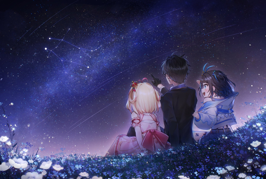absurdres algorhythm_project black_hair black_jacket blonde_hair blue_eyes blue_hair ciaociaovita dress family father_and_daughter gemini_(algorhythm_project) gift_art grass highres jacket karu_(algorhythm_project) long_sleeves multicolored_hair night open_mouth pink_dress pink_hair poru_(algorhythm_project) schneider_(algorhythm_project) second-party_source shorts siblings sisters virtual_youtuber white_jacket