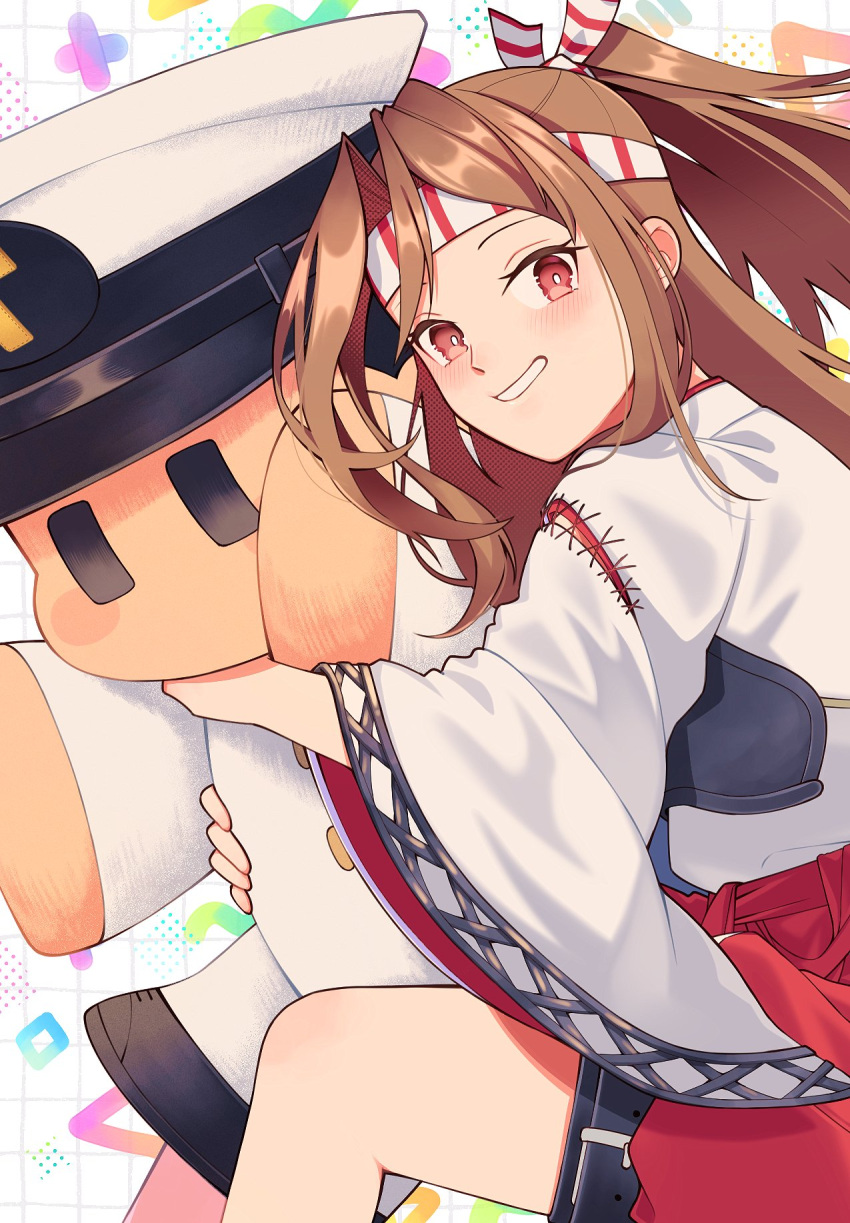 1girl admiral_(kancolle) brown_eyes brown_hair character_doll feet_out_of_frame grin hachimaki hakama hakama_shorts headband high_ponytail highres hugging_doll hugging_object japanese_clothes kantai_collection long_hair muneate red_shorts shorts smile solo striped_headband tanaka_io_(craftstudio) zuihou_(kancolle)