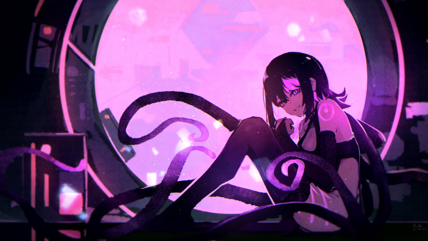 absurdres black_hair body_markings commission commissioner_upload glowing_tattoo highres looking_at_viewer monster_girl multicolored_hair non-web_source original purple_hair rnna shoko_the_alien shoulder_tattoo sitting solo tattoo tentacles thigh-highs thighs violet_eyes window