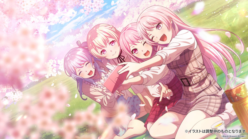 ^_^ bang_dream! bang_dream!_it's_mygo!!!!! black_ribbon blonde_hair blue_hair blue_skirt blurry blush bottle brown_cardigan brown_skirt cardigan cellphone cherry_blossoms chihaya_anon choker closed_eyes closed_mouth clouds collarbone commentary_request cup dappled_sunlight day depth_of_field disposable_cup dress dress_shirt dutch_angle earrings falling_petals fang finger_gun flower_earrings grass grey_dress grey_eyes hair_ribbon half_updo highres holding holding_phone jewelry long_hair long_sleeves maruyama_aya matsubara_kanon medium_hair neck_ribbon no_shoes official_art one_eye_closed one_side_up open_mouth outdoors petals phone pinafore_dress pink_eyes pink_hair plaid plaid_skirt red_choker red_skirt ribbon selfie shirasagi_chisato shirt short_hair skirt sleeveless sleeveless_dress sleeves_past_elbows smartphone socks sunlight translation_request v white_shirt white_socks